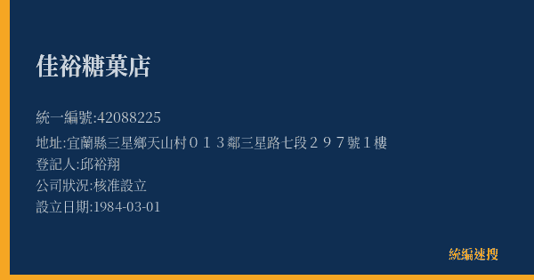 佳裕糖菓店的照片-統編 42088225(宜蘭縣) 公司登記資料與營業項目詳細圖表