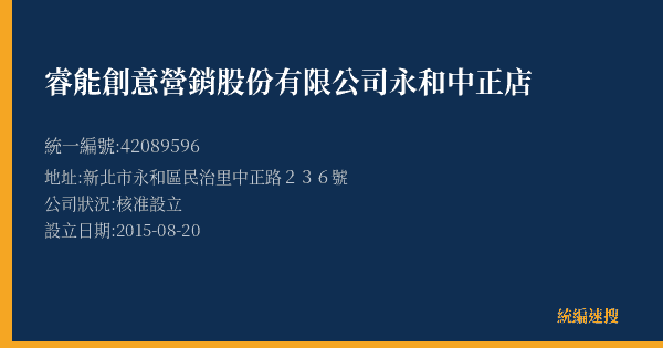 睿能創意營銷股份有限公司永和中正店的照片-統編 42089596(新北市) 公司登記資料與營業項目詳細圖表