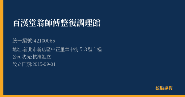 百漢堂翁師傅整復調理館的照片-統編 42100065(新北市) 公司登記資料與營業項目詳細圖表
