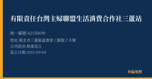 有限責任台灣主婦聯盟生活消費合作社三蘆站的照片-統編 42150698(新北市) 公司登記資料與營業項目詳細圖表
