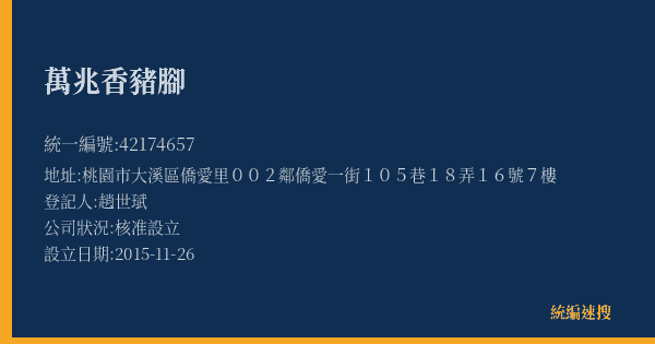 萬兆香豬腳的照片-統編 42174657(桃園市) 公司登記資料與營業項目詳細圖表
