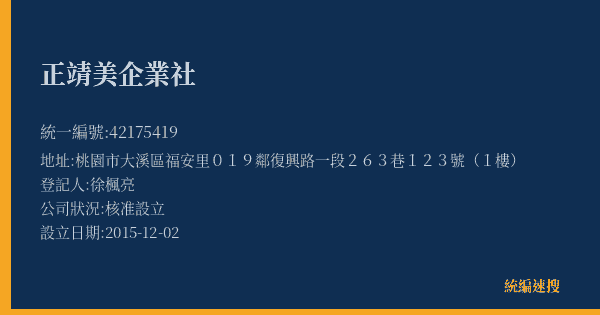 正靖美企業社的照片-統編 42175419(桃園市) 公司登記資料與營業項目詳細圖表