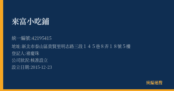來富小吃鋪的照片-統編 42195415(新北市) 公司登記資料與營業項目詳細圖表