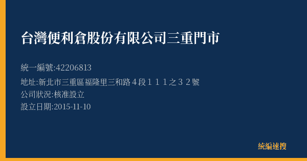 台灣便利倉股份有限公司三重門市的照片-統編 42206813(新北市) 公司登記資料與營業項目詳細圖表