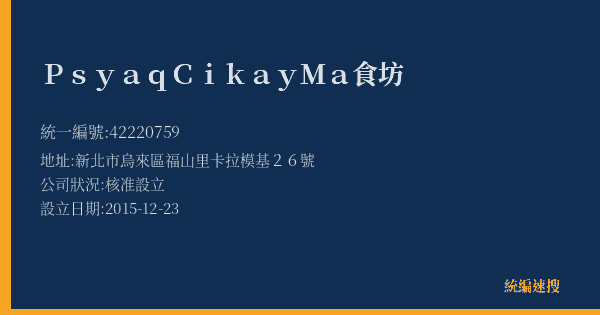 Psyaq Cikay Ma食坊的照片-統編 42220759(新北市) 公司登記資料與營業項目詳細圖表