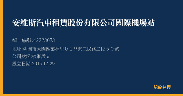 安維斯汽車租賃股份有限公司國際機場站的照片-統編 42223073(桃園市) 公司登記資料與營業項目詳細圖表