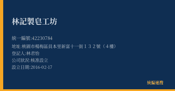 林記製皂工坊的照片-統編 42230784(桃園市) 公司登記資料與營業項目詳細圖表