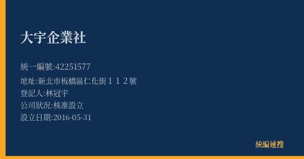 大宇企業社的照片-統編 42251577(新北市) 公司登記資料與營業項目詳細圖表