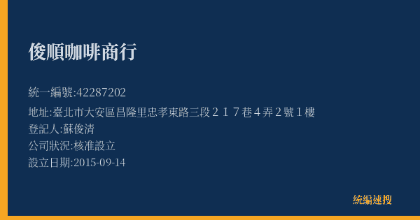 俊順咖啡商行的照片-統編 42287202(臺北市) 公司登記資料與營業項目詳細圖表