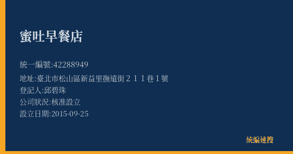 蜜吐早餐店的照片-統編 42288949(臺北市) 公司登記資料與營業項目詳細圖表