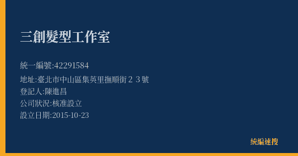 三創髮型工作室的照片-統編 42291584(臺北市) 公司登記資料與營業項目詳細圖表