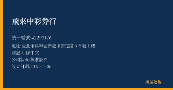 飛來中彩券行的照片-統編 42293176(臺北市) 公司登記資料與營業項目詳細圖表
