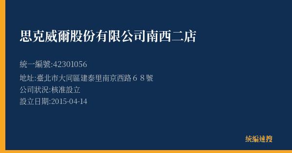 思克威爾股份有限公司南西二店的照片-統編 42301056(臺北市) 公司登記資料與營業項目詳細圖表