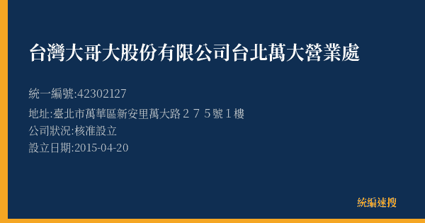 台灣大哥大股份有限公司台北萬大營業處的照片-統編 42302127(臺北市) 公司登記資料與營業項目詳細圖表