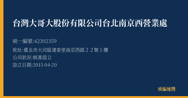 台灣大哥大股份有限公司台北南京西營業處的照片-統編 42302359(臺北市) 公司登記資料與營業項目詳細圖表