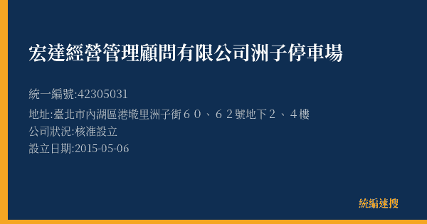 宏達經營管理顧問有限公司洲子停車場的照片-統編 42305031(臺北市) 公司登記資料與營業項目詳細圖表