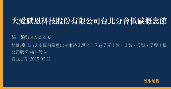 大愛感恩科技股份有限公司台北分會低碳概念館的照片-統編 42305503(臺北市) 公司登記資料與營業項目詳細圖表