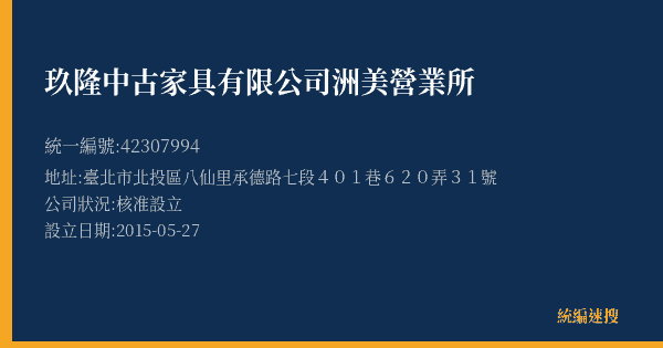 玖隆中古家具有限公司洲美營業所的照片-統編 42307994(臺北市) 公司登記資料與營業項目詳細圖表