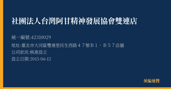 社團法人台灣阿甘精神發展協會雙連店的照片-統編 42310029(臺北市) 公司登記資料與營業項目詳細圖表