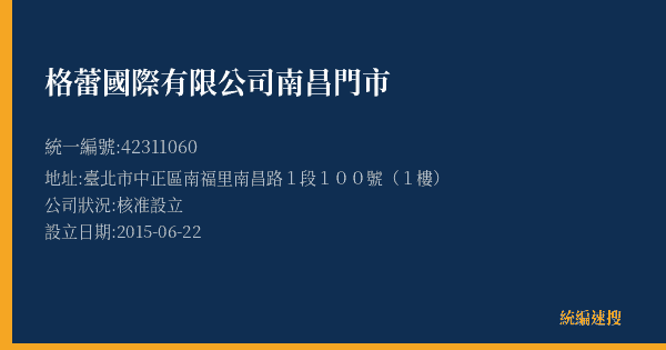 格蕾國際有限公司南昌門市的照片-統編 42311060(臺北市) 公司登記資料與營業項目詳細圖表