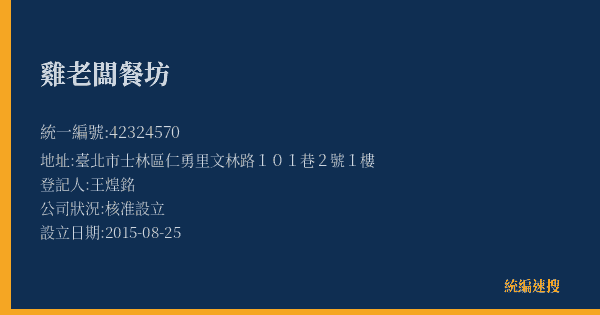 雞老闆餐坊的照片-統編 42324570(臺北市) 公司登記資料與營業項目詳細圖表