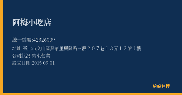 阿梅小吃店的照片-統編 42326009(臺北市) 公司登記資料與營業項目詳細圖表
