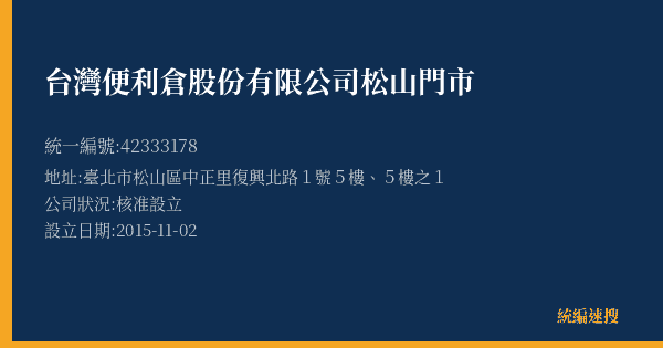 台灣便利倉股份有限公司松山門市的照片-統編 42333178(臺北市) 公司登記資料與營業項目詳細圖表