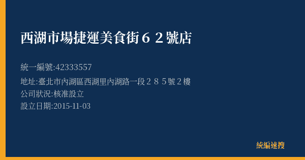 西湖市場捷運美食街62號店的照片-統編 42333557(臺北市) 公司登記資料與營業項目詳細圖表
