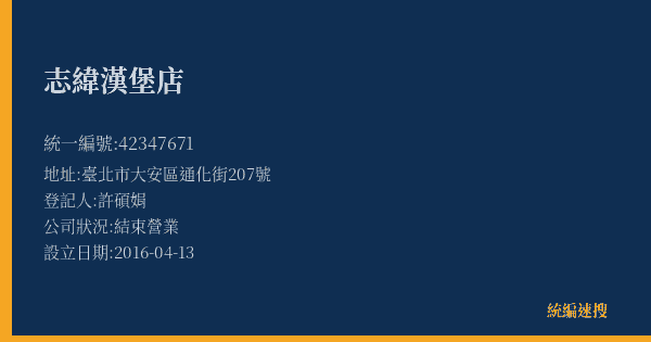 志緯漢堡店的照片-統編 42347671(臺北市) 公司登記資料與營業項目詳細圖表