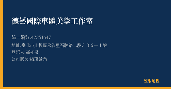 德藝國際車體美學工作室的照片-統編 42351647(臺北市) 公司登記資料與營業項目詳細圖表
