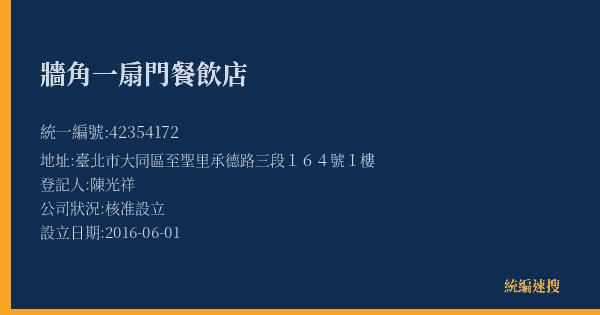 牆角一扇門餐飲店的照片-統編 42354172(臺北市) 公司登記資料與營業項目詳細圖表