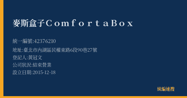 麥斯盒子ComfortaBox的照片-統編 42376210(臺北市) 公司登記資料與營業項目詳細圖表