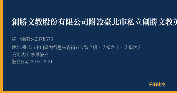 創勝文教股份有限公司附設臺北市私立創勝文教英語短期補習班的照片-統編 42378575(臺北市) 公司登記資料與營業項目詳細圖表
