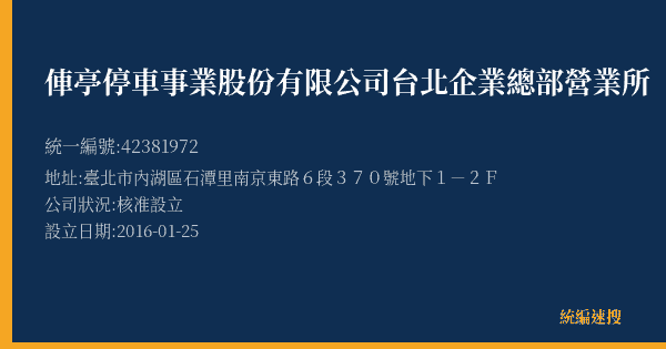 俥亭停車事業股份有限公司台北企業總部營業所的照片-統編 42381972(臺北市) 公司登記資料與營業項目詳細圖表