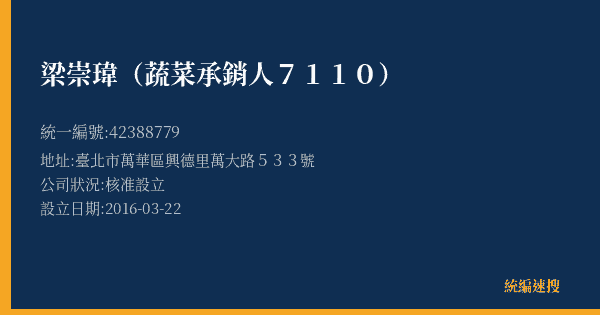梁崇瑋(蔬菜承銷人7110)的照片-統編 42388779(臺北市) 公司登記資料與營業項目詳細圖表