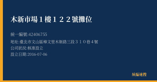 木新市場1樓122號攤位的照片-統編 42406755(臺北市) 公司登記資料與營業項目詳細圖表