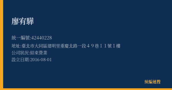廖宥驊的照片-統編 42440228(臺北市) 公司登記資料與營業項目詳細圖表