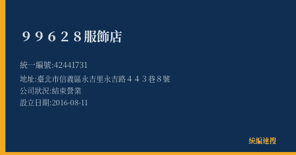 99628服飾店的照片-統編 42441731(臺北市) 公司登記資料與營業項目詳細圖表