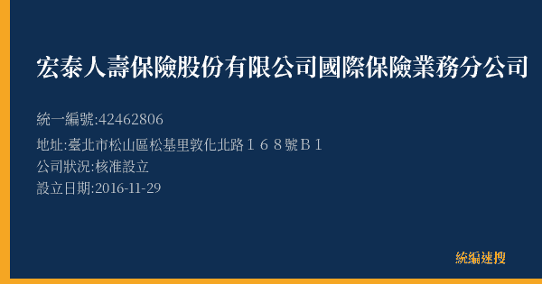 宏泰人壽保險股份有限公司國際保險業務分公司的照片-統編 42462806(臺北市) 公司登記資料與營業項目詳細圖表