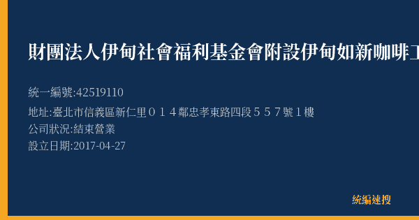 財團法人伊甸社會福利基金會附設伊甸如新咖啡工坊的照片-統編 42519110(臺北市) 公司登記資料與營業項目詳細圖表