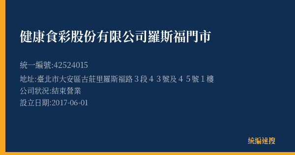 健康食彩股份有限公司羅斯福門市的照片-統編 42524015(臺北市) 公司登記資料與營業項目詳細圖表
