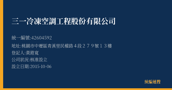 三一冷凍空調工程股份有限公司的照片-統編 42604592(桃園市) 公司登記資料與營業項目詳細圖表