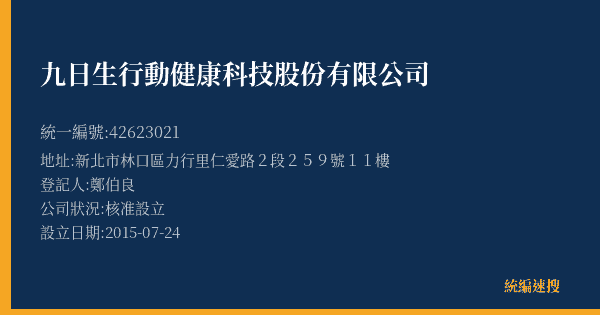 九日生行動健康科技股份有限公司的照片-統編 42623021(新北市) 公司登記資料與營業項目詳細圖表