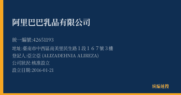 阿里巴巴乳品有限公司的照片-統編 42651193(臺南市) 公司登記資料與營業項目詳細圖表