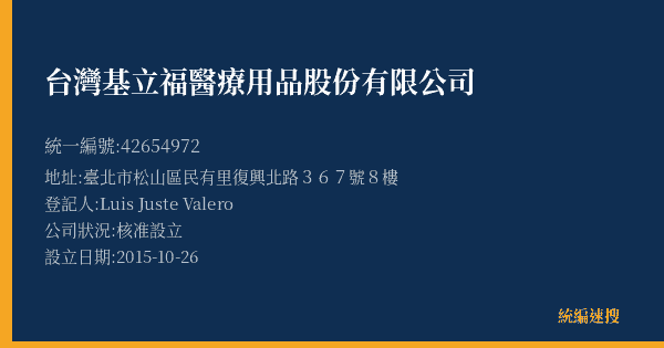 台灣基立福醫療用品股份有限公司的照片-統編 42654972(臺北市) 公司登記資料與營業項目詳細圖表