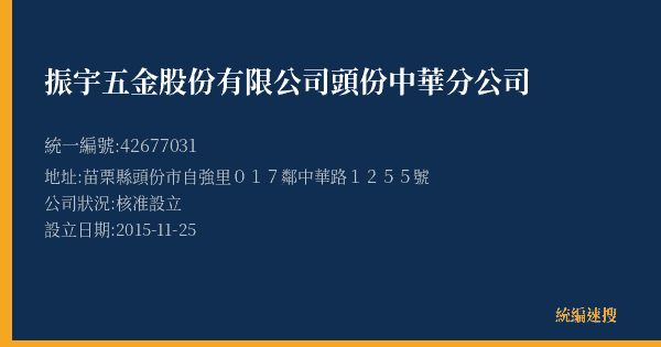 振宇五金股份有限公司頭份中華分公司的照片-統編 42677031(苗栗縣) 公司登記資料與營業項目詳細圖表