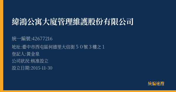 緯鴻公寓大廈管理維護股份有限公司的照片-統編 42677216(臺中市) 公司登記資料與營業項目詳細圖表