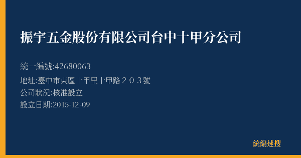 振宇五金股份有限公司台中十甲分公司的照片-統編 42680063(臺中市) 公司登記資料與營業項目詳細圖表