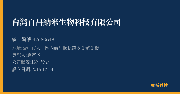 台灣百昌納米生物科技有限公司的照片-統編 42680649(臺中市) 公司登記資料與營業項目詳細圖表