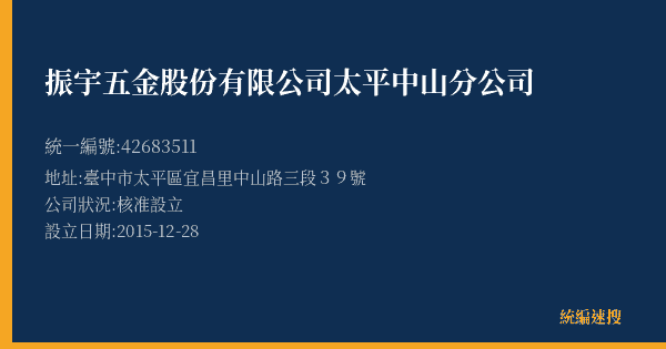 振宇五金股份有限公司太平中山分公司的照片-統編 42683511(臺中市) 公司登記資料與營業項目詳細圖表